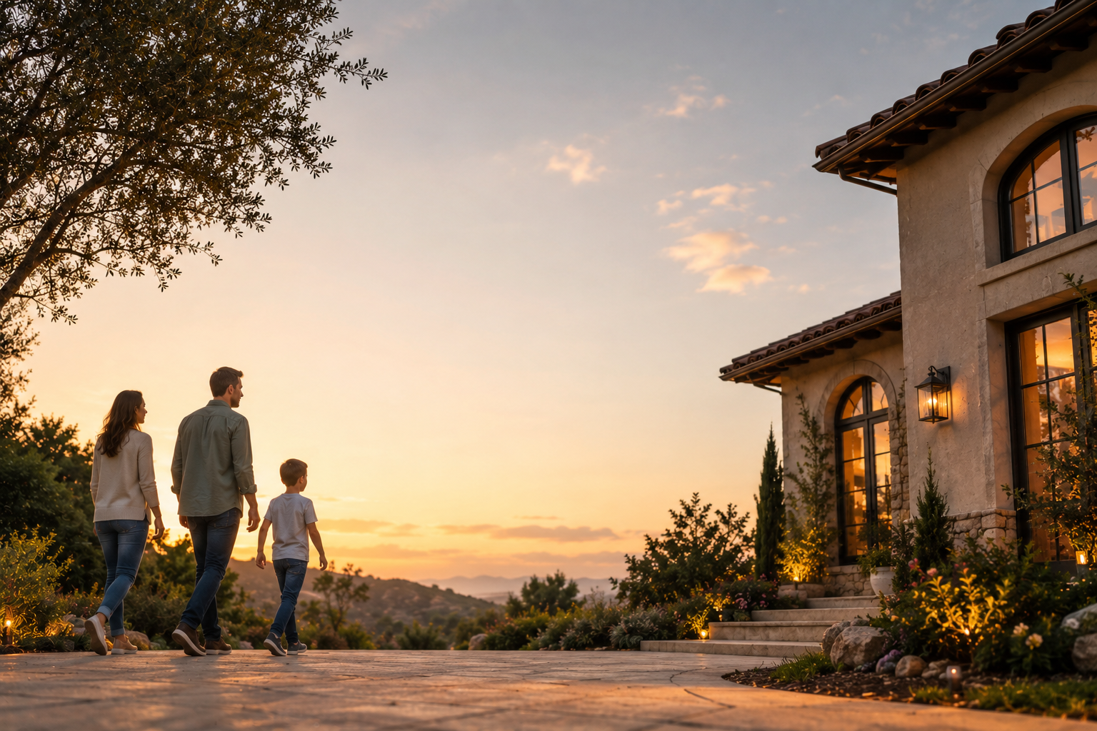 Family of three, a woman, man, and a young boy, walking towards a house at sunset with warm lighting and a scenic landscape in the background.
