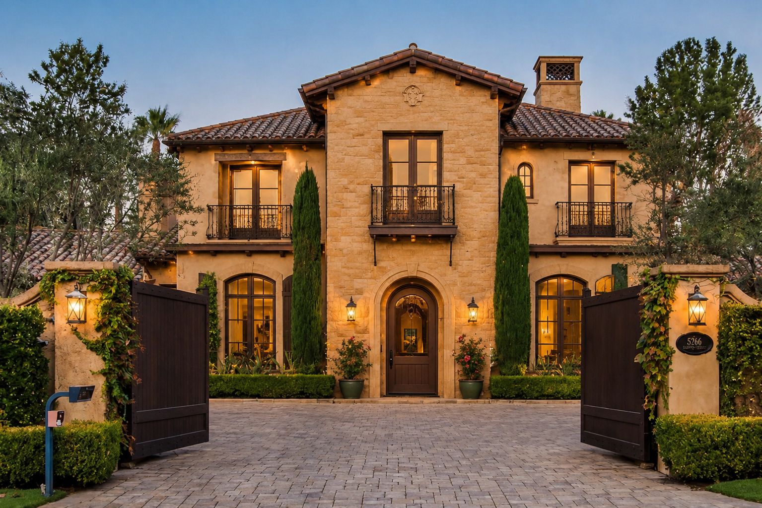 A large, elegant Mediterranean-style house with a stone facade, surrounded by trees and greenery, with open wooden gates and warm lighting.