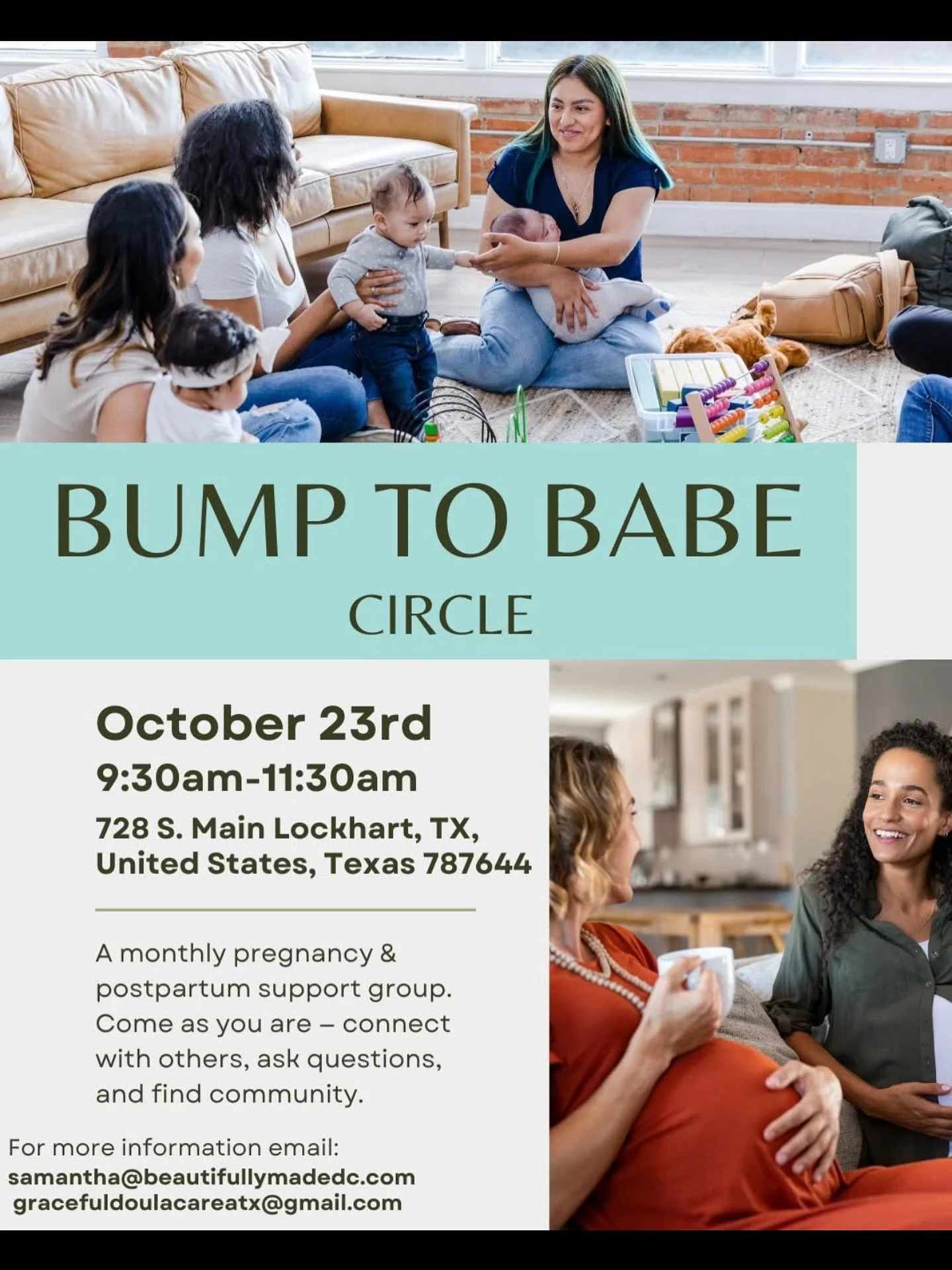 ✨ Reminder! Our next Bump to Babe Support Group is tomorrow! ✨

Join us Thursday, October 23 from 9:30&ndash;11:30 a.m. at Storyhall Fellowship (formerly The Well) in Lockhart for a cozy morning of connection, conversation, and community.

This group