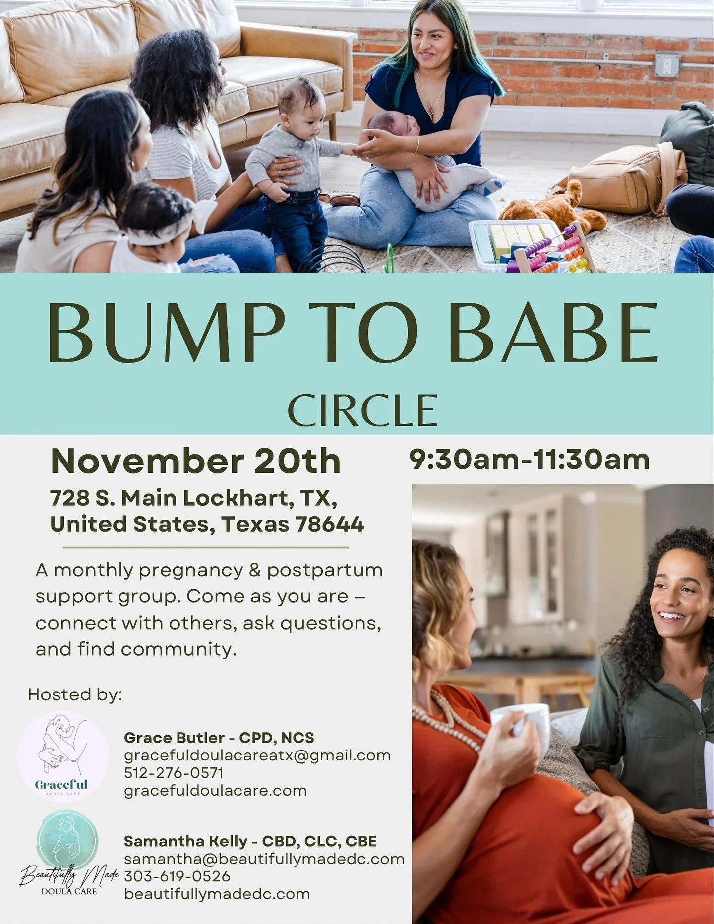 Our second Bump to Babe Circle is coming up on November 20th, and we can&rsquo;t wait to gather again.
Our first meet-up was so special, and it made it clear how much this kind of community is needed here in Lockhart.

If you&rsquo;re pregnant, newly