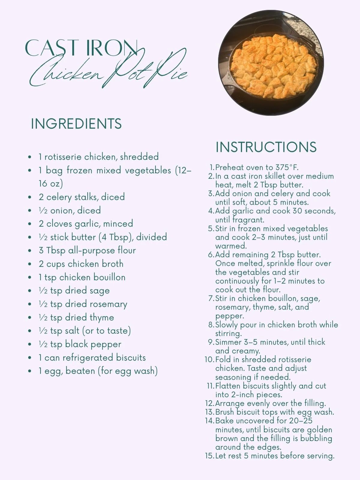 Postpartum-friendly meals =
✔️ One pan
✔️ Protein + carbs
✔️ Reheats well at 2am
✔️ Zero brain power required

This cast iron chicken pot pie understood the assignment 🤍
Save this for later.
#postpartummeals #postpartum #austindoula #doula #onepotme
