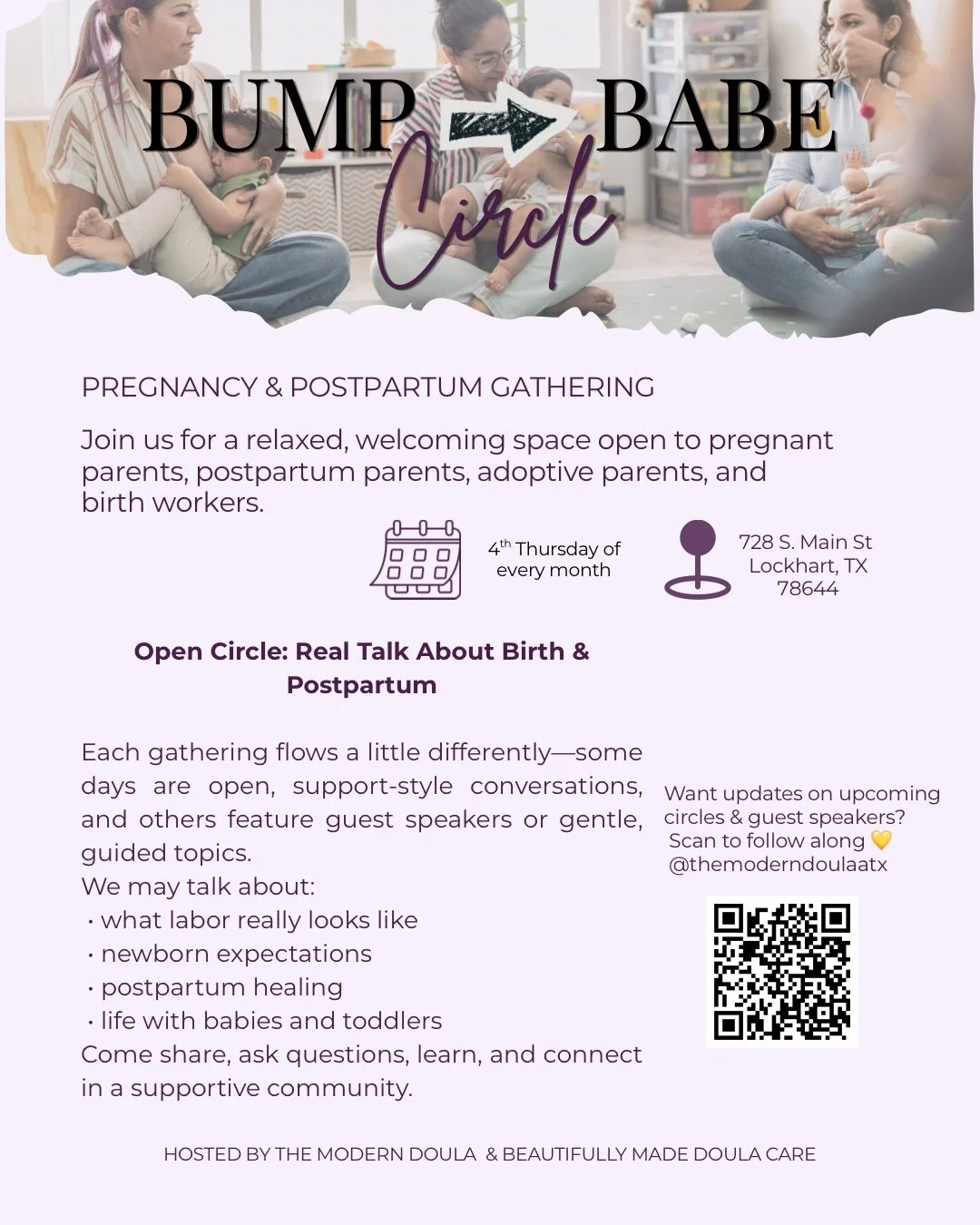 Pregnant, postpartum, or just trying to figure it all out, this space is for you.

This month at Bump to Babe Circle, we&rsquo;re talking all things pregnancy, postpartum, and real-life support in a relaxed, come-as-you-are space.

We&rsquo;ll also b