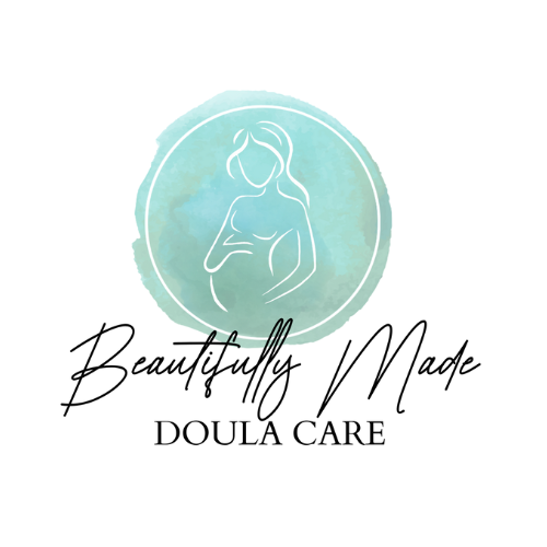 Logo for Beautifully Made Doula Care featuring a line drawing of a woman with a calm expression inside a watercolor circle with green and blue tones, and the text 'Beautifully Made Doula Care' beneath.