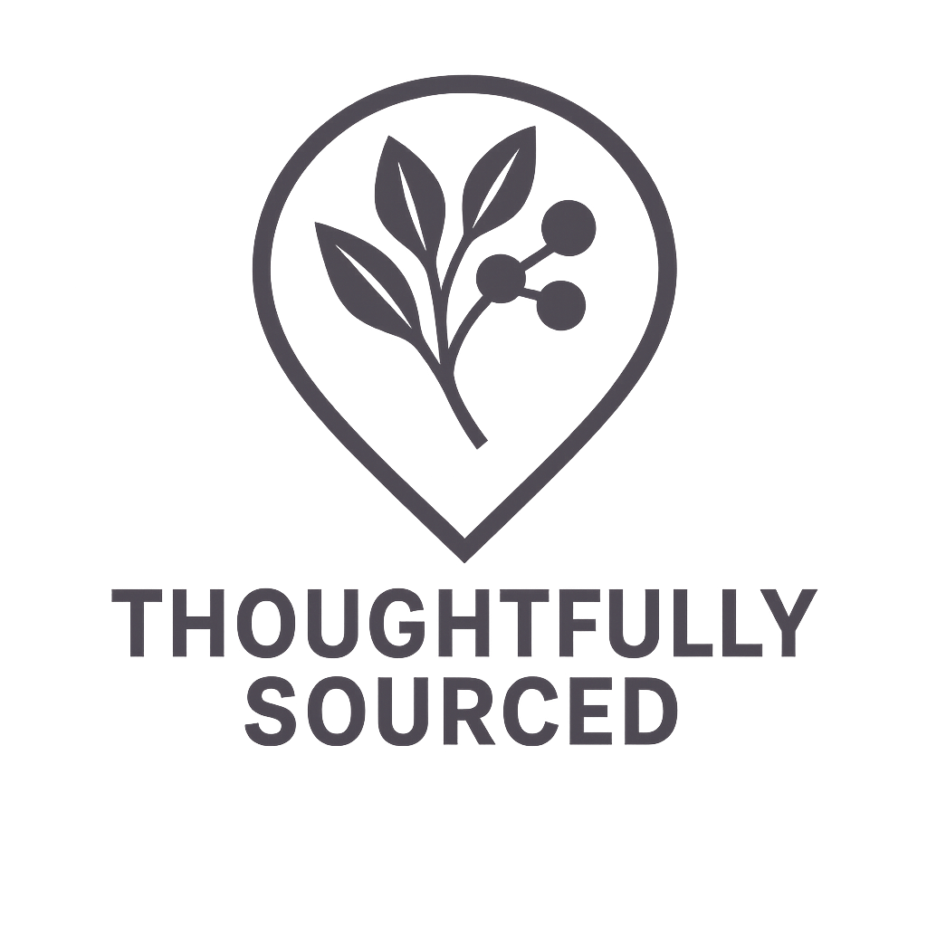 A logo with a stylized plant inside a location pin shape and the words "Thoughtfully Sourced" below it.