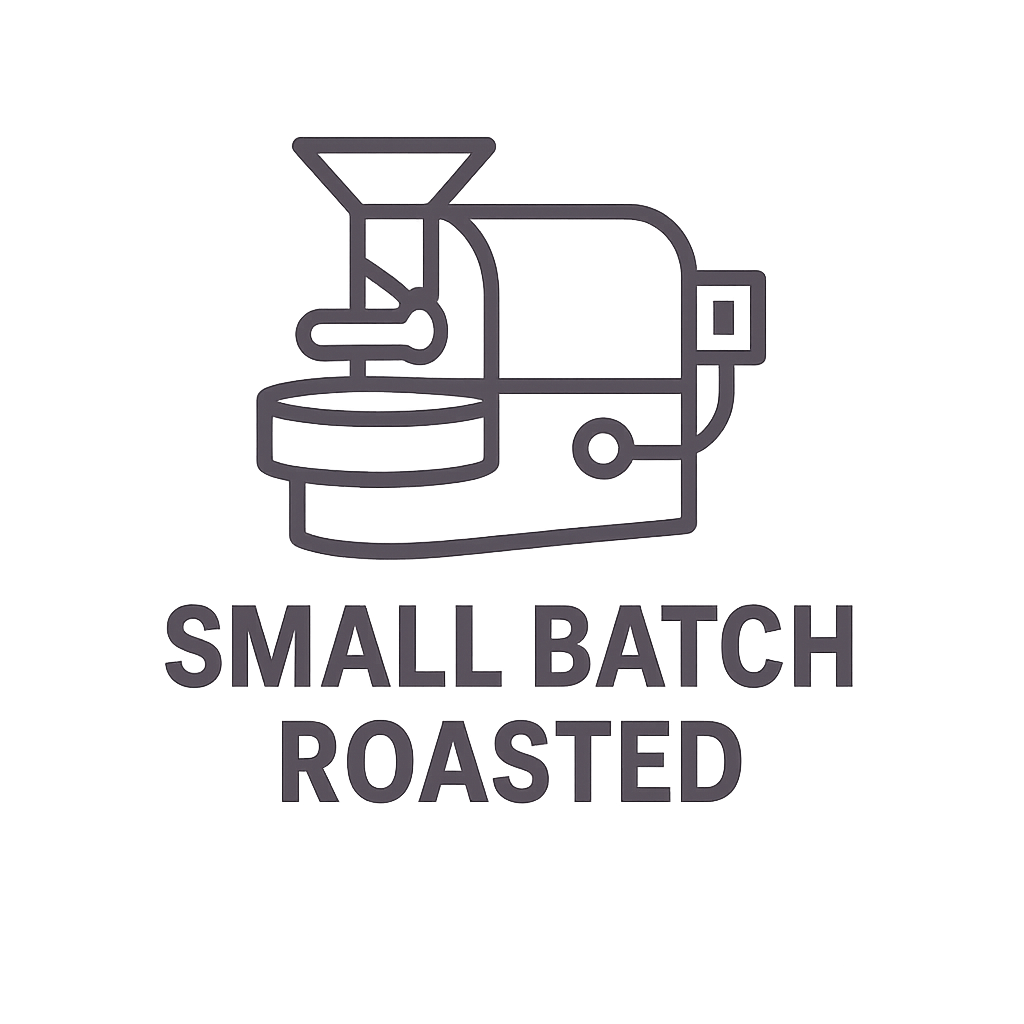 Line art illustration of a coffee roaster with the text "Small Batch Roasted" beneath it.