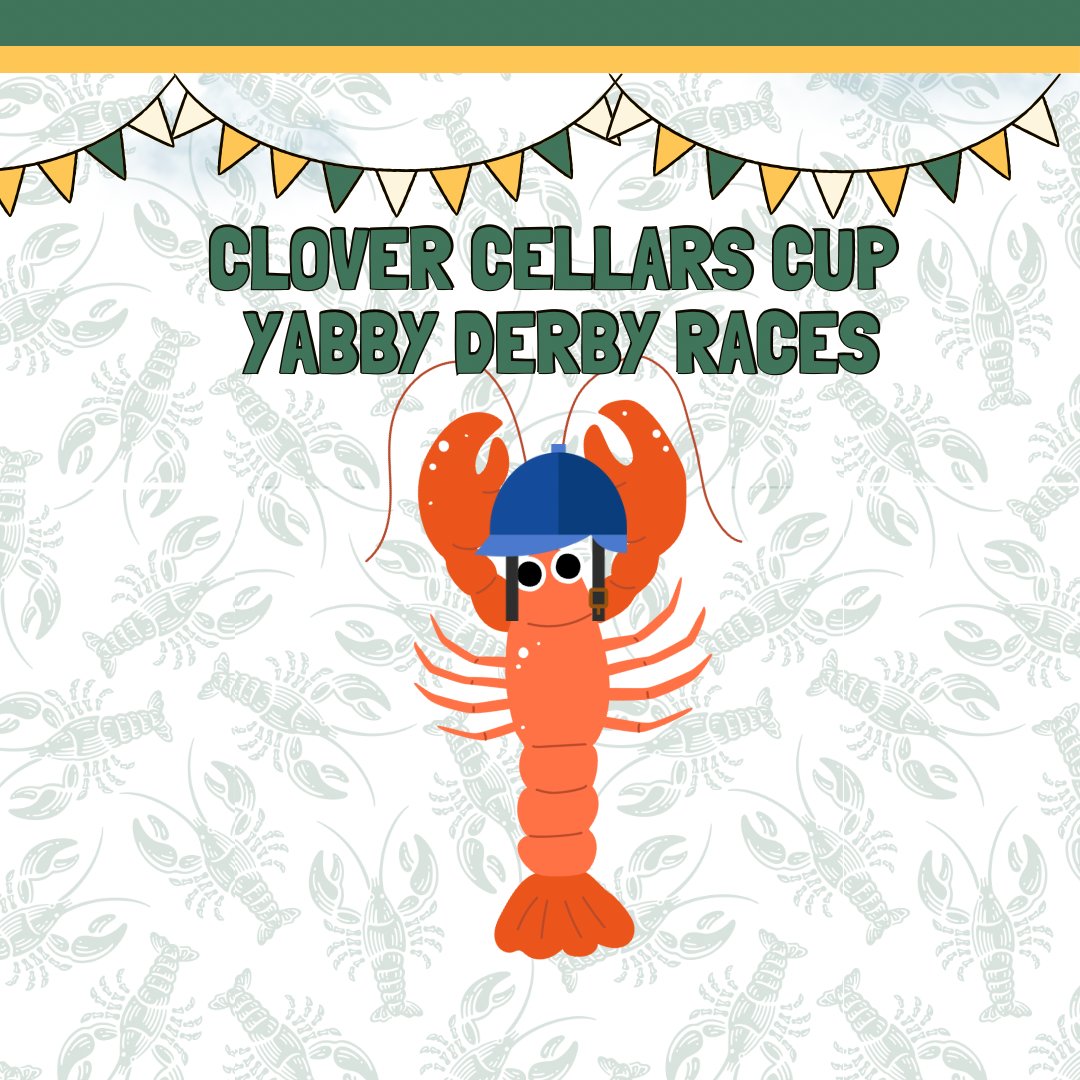 Illustration promoting the Clover Cellars Cup Yabby Derby Races featuring a cartoon yabby wearing a blue helmet with a racing background of gray yabby illustrations.