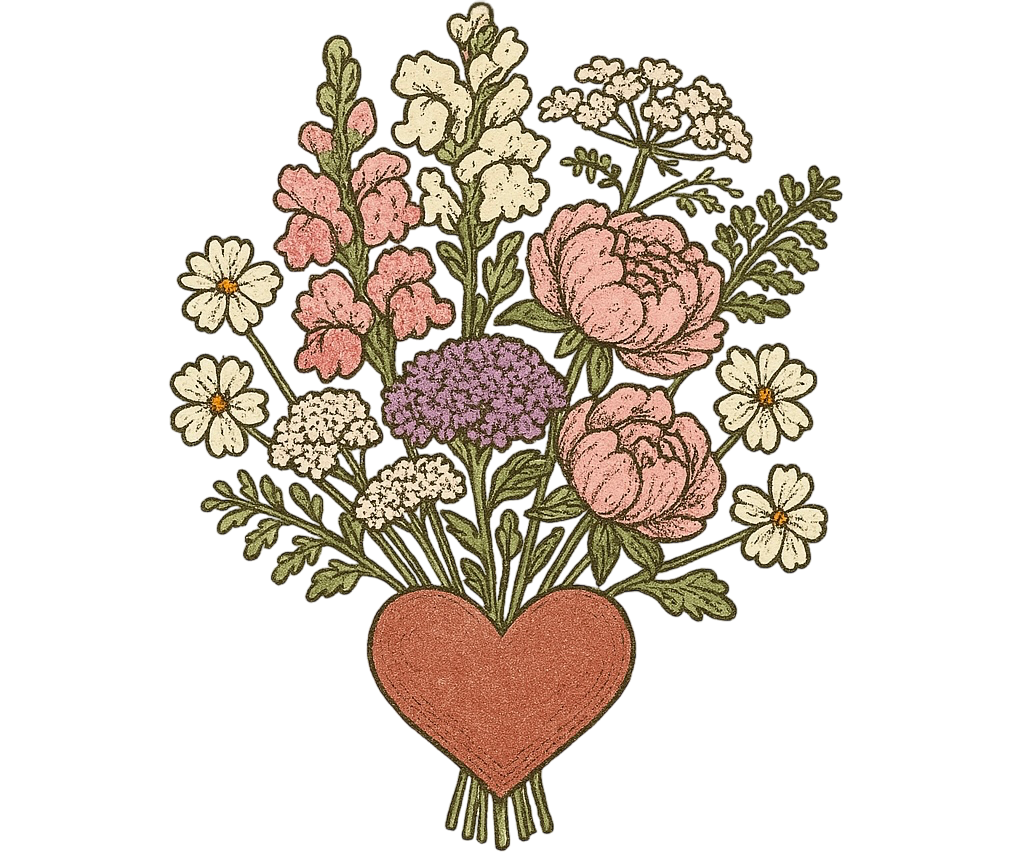 Illustration of a bouquet of various flowers with a large pink heart at the base.