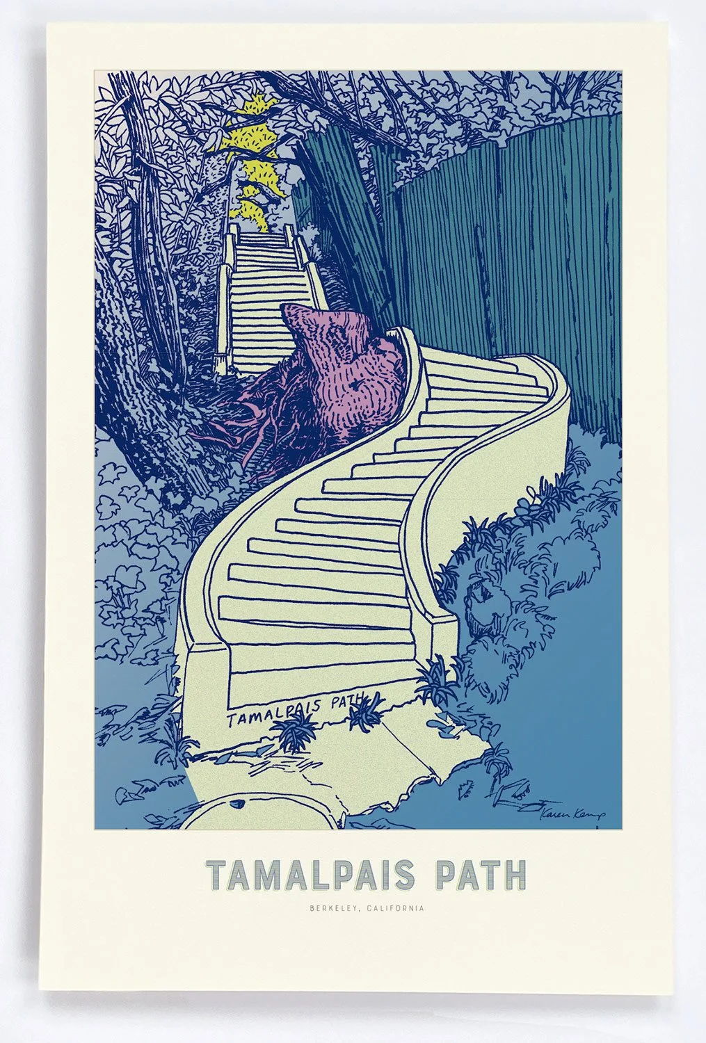 A curving path winds upwards through a thick forest of trees in midnight blues and purple with a bright patch of green beckoning your curiosity.