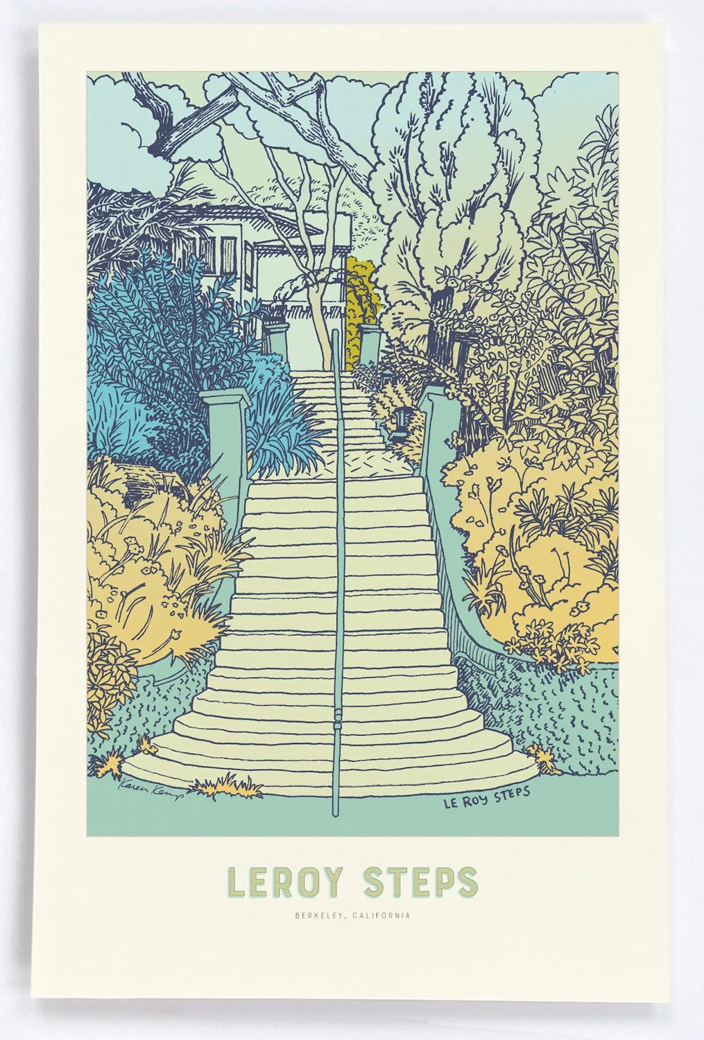 LeRoy Steps' central staircase leads you up through a patchwork of trees and foliage in blues and setting golden light to a distant home.
