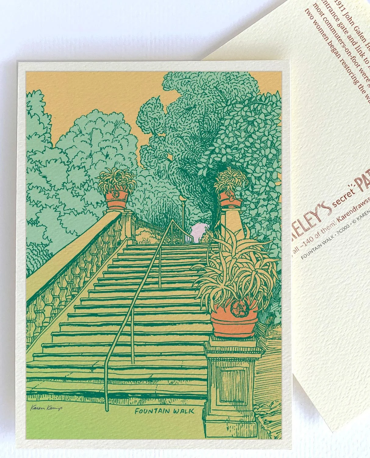 Hand-drawn illustration of Berkeley’s Beaux-Arts Fountain Walk, a European-like staircase designed by John Galen Howard in 1911. It features ornate balustrades, planted urns, and flowering borders.