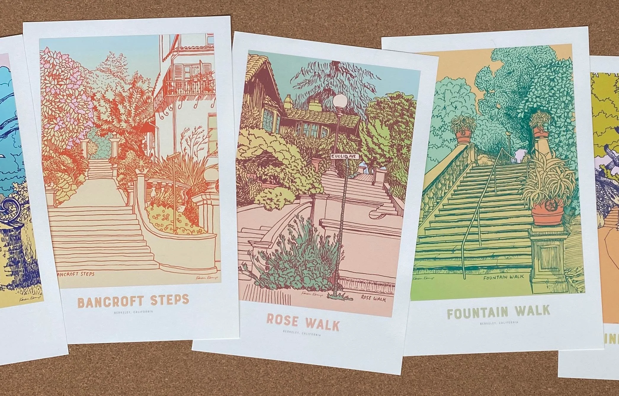 Three posters in a row from the Romantic Paths collection including Bancroft Steps, Rose Walk, and Fountain Walk, hand drawn by Karen Kemp.