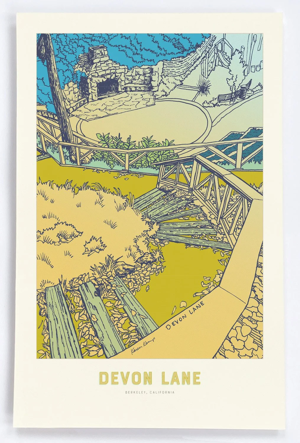 Devon lane's wood steps spiral down, to a maze of park trails that lead to an outdoor ivy-covered fireplace in blues and golds.