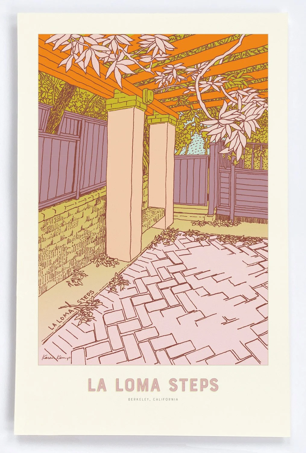 La Loma Step's brick path and outdoor bench seating wait quietly for you under a leafy vine-covered pergola in mauve and orange hues..