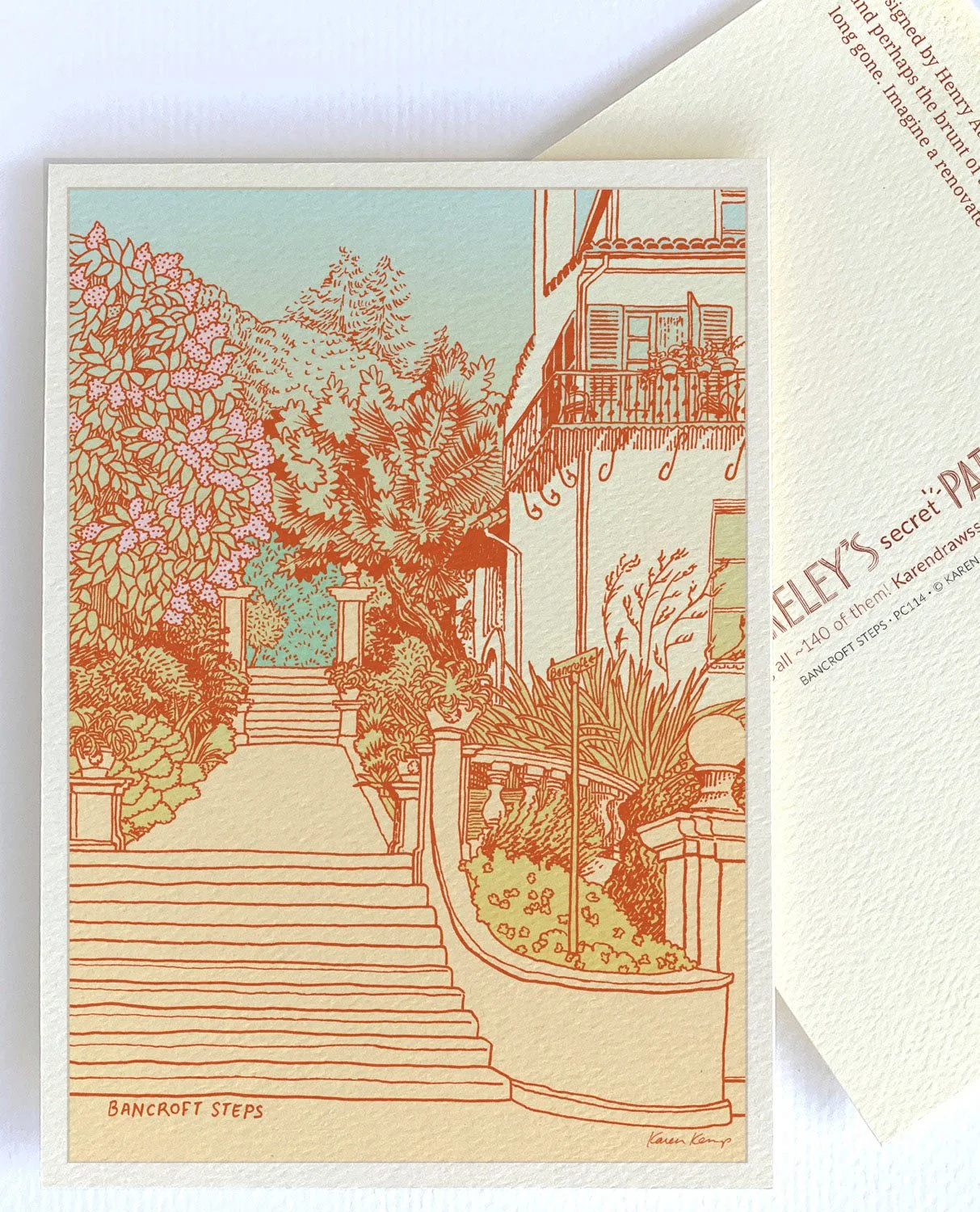 Hand-drawn illustration of the Beaux-Arts Bancroft Steps in Berkeley, featuring arcing balustrades, flowering trees, and the 1927 Mediterranean-style Alpha Phi sorority house designed by architect Walter H. Ratcliff, Jr.