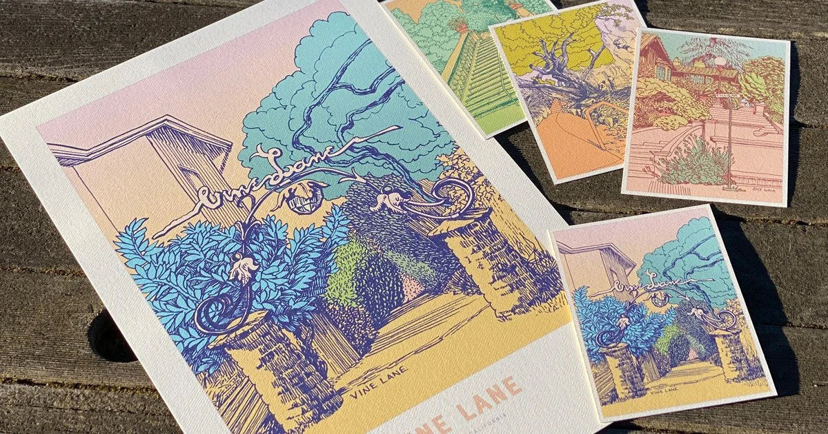 Four illustrated postcards