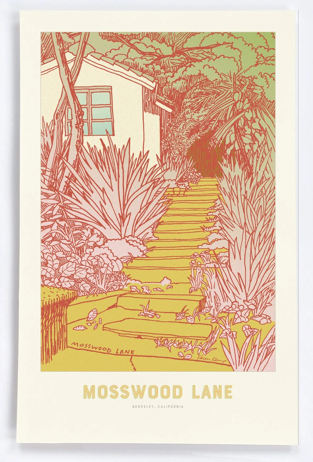 Mosswood Lane, bordered by iris grasses, invites you past a quiet cottage and under the shade of redwood trees.