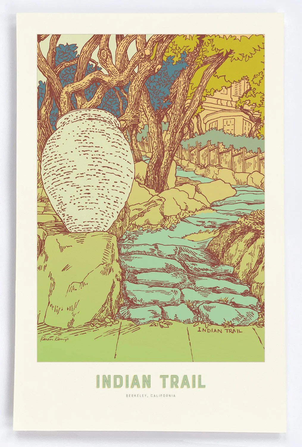 An oversized stone urn marks the entrance to the meandering stone Indian Trail pathway and a stand of grand oak trees in teals and greens.