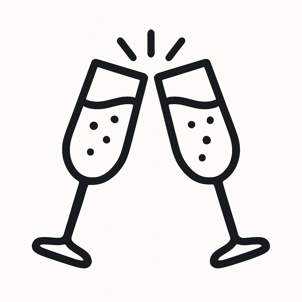 A graphic of 2 champagne flutes toasting.