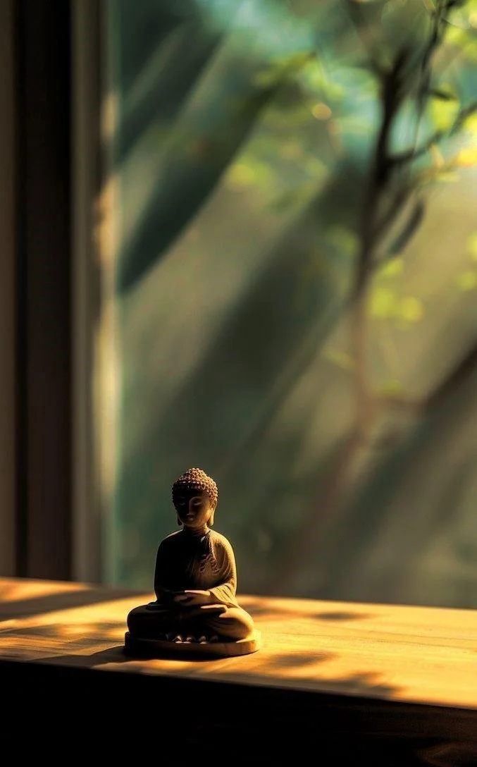 Small Buddha statue on a wooden surface near a window with sunlight streaming through, with blurred green foliage outside.