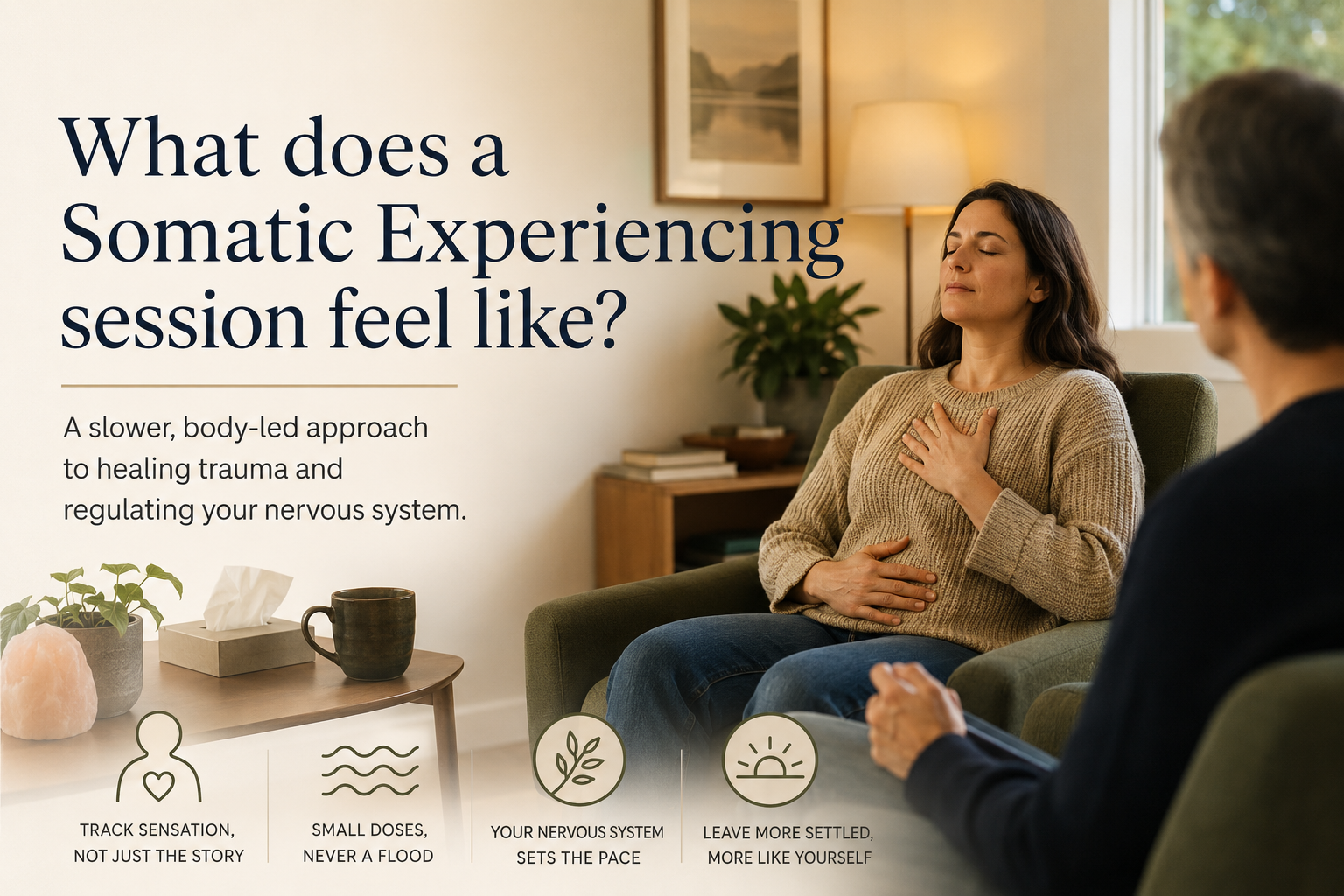 Client sitting calmly during a Somatic Experiencing therapy session with a practitioner in a quiet Melbourne consulting room, focusing on body awareness and nervous system regulation.