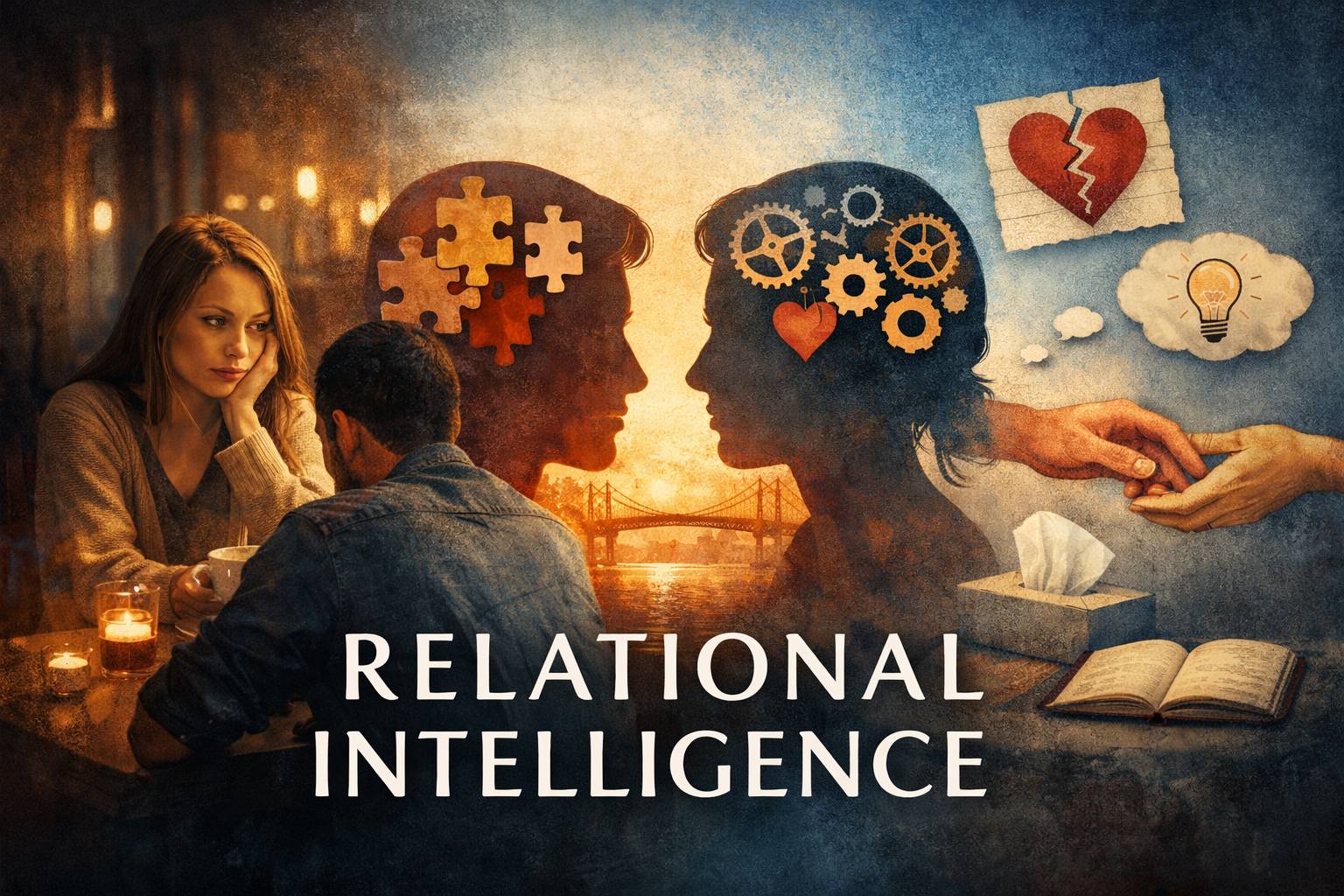 Illustration representing relational intelligence, showing two people in conversation with symbolic elements of empathy, perspective taking, emotional awareness, and relationship repair.