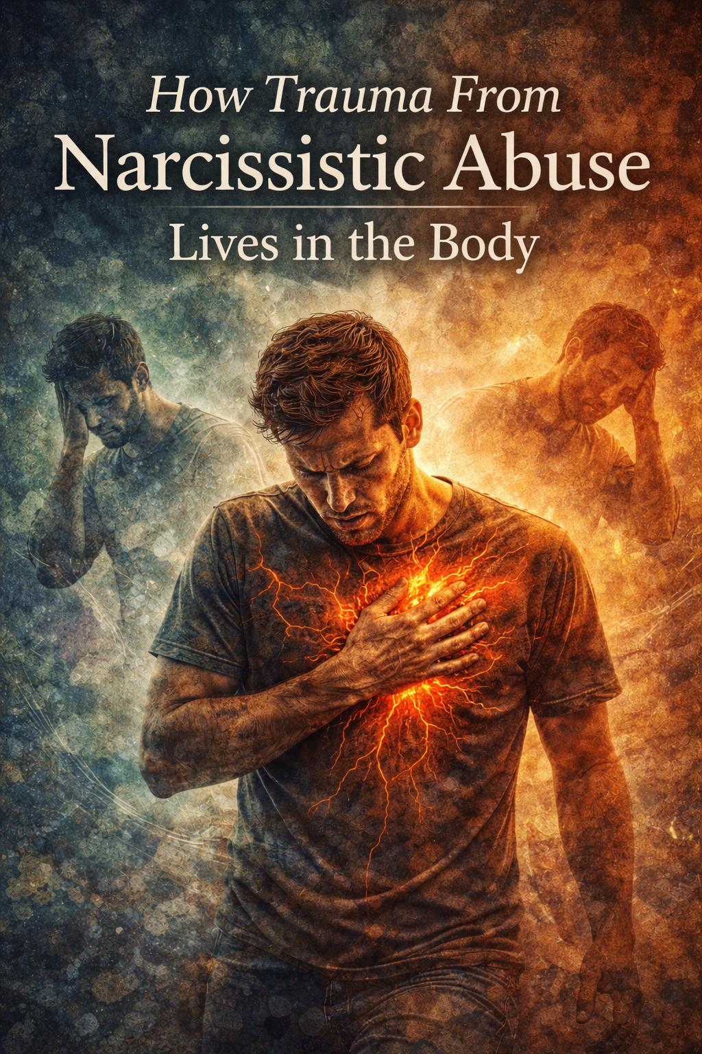 Trauma-informed illustration showing how relational trauma from narcissistic abuse is held in the body, with symbolic tension and gradual release through somatic healing.