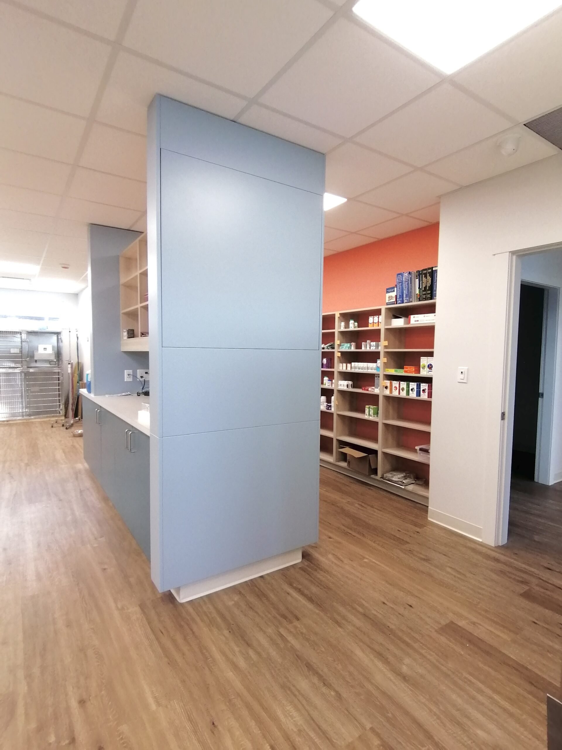 Interior of a medical or pharmacy office with wooden flooring, blue cabinets, and shelves filled with medication bottles and supplies.