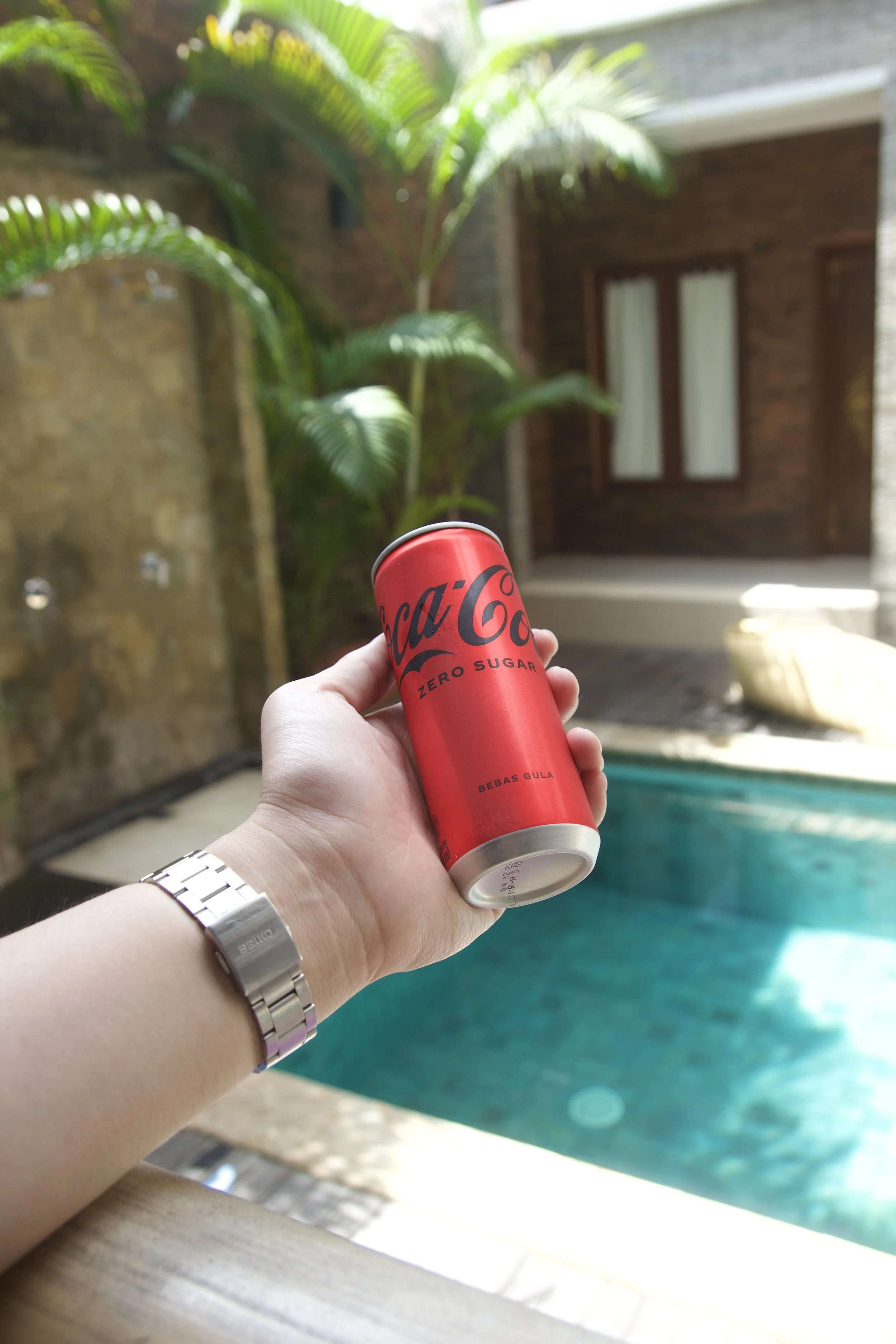 Person holding a Coca-Cola Zero Sugar can near a swimming pool with palm leaves in the background.