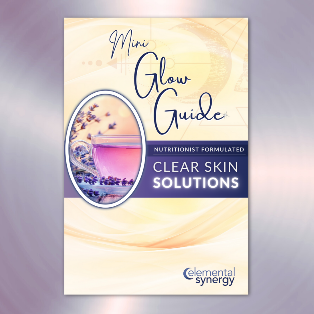 Mini Glow Guide – nutritionist-formulated clear skin solutions, featuring lavender imagery, soft golden background, and Elemental Synergy branding.
