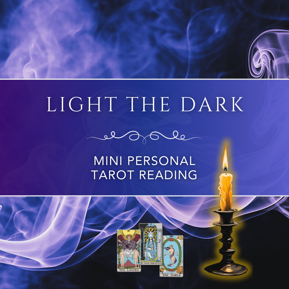 Light the Dark mini personal tarot reading cover with smoky violet background, candlelight, and three tarot cards.