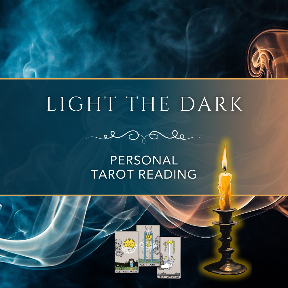 Light the Dark personal tarot reading cover with teal and amber smoke, glowing candle, and tarot cards.