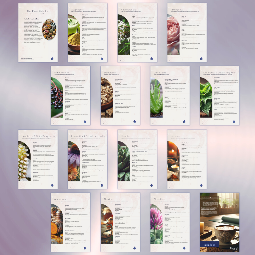 Preview of the Mini Glow Guide on herbs for radiant skin, showing multiple pages with herbal profiles, skincare benefits, and vibrant plant photography.
