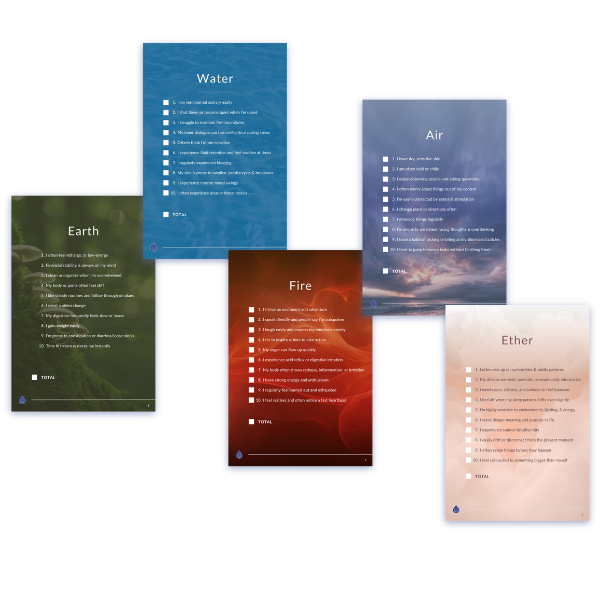 Five elemental self-assessment posters for Earth, Water, Air, Fire, and Ether showing symptom checklists and balance indicators.
