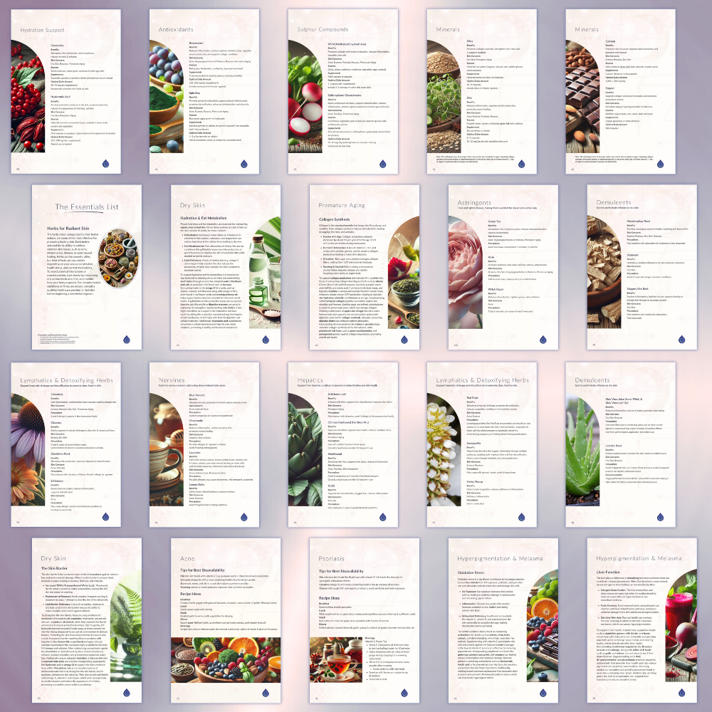 Thumbnail preview of multiple pages from The Glow Guide, showing vibrant food photography, herbal remedies, and nutrition-based skin health tips.