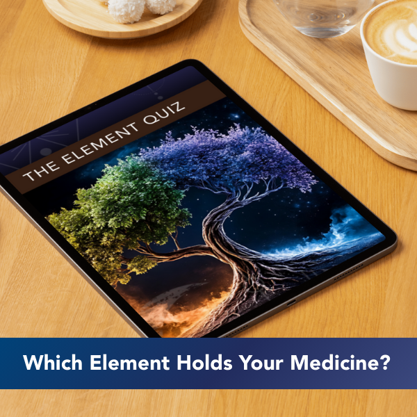 Tablet displaying a quiz titled "The Element Quiz" with a tree against a cosmic background, asking "Which Element Holds Your Medicine?". The tablet is on a wooden table with a coffee cup, water glass, and a wooden tray with coconut treats.