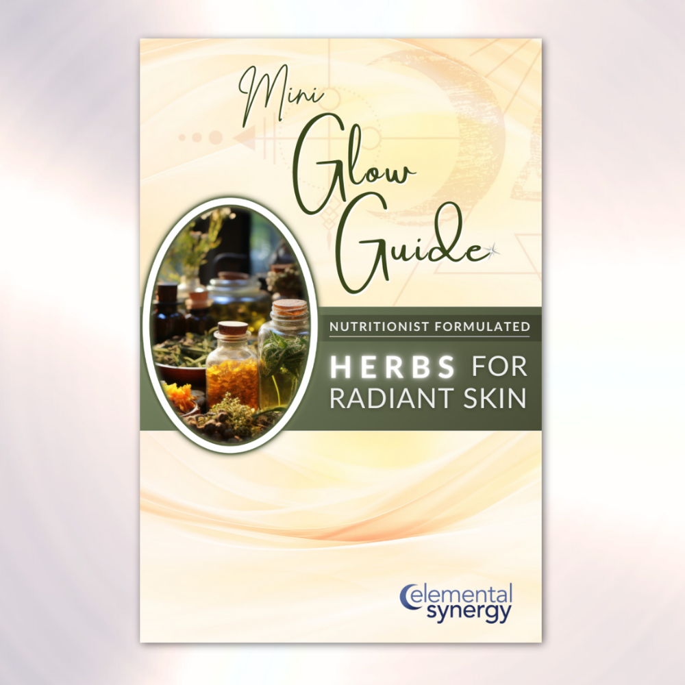 Mini Glow Guide – nutritionist-formulated herbal remedies for radiant skin, featuring apothecary jar imagery, warm gold tones, and Elemental Synergy branding.