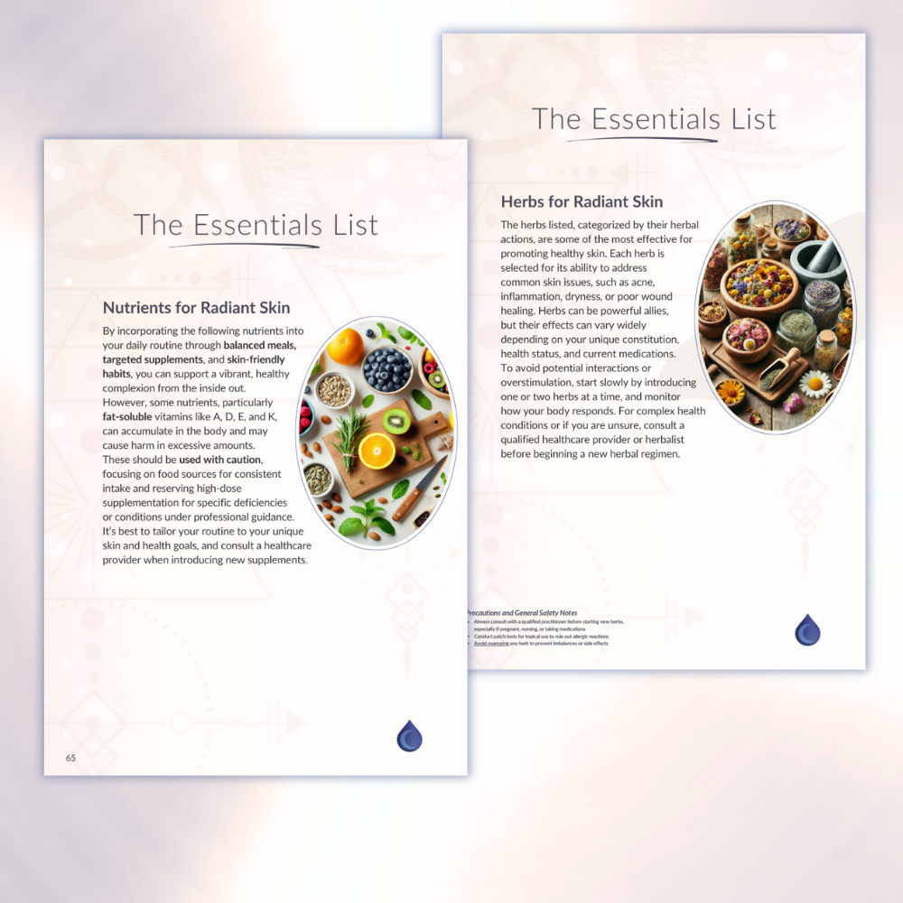The Essentials List page from The Glow Guide, highlighting key herbs and nutrients for radiant skin with detailed descriptions and circular food images.