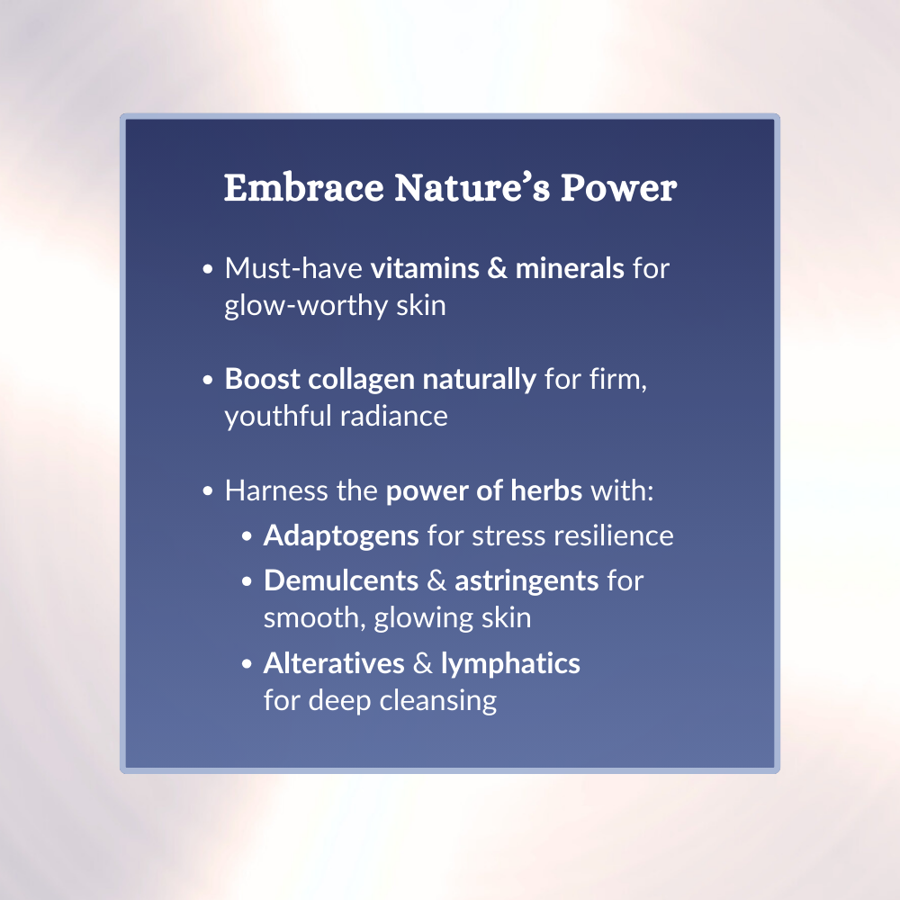 Embrace Nature’s Power section from The Glow Guide, listing essential vitamins, minerals, and herbal remedies such as adaptogens and lymphatic cleansers for healthy skin.