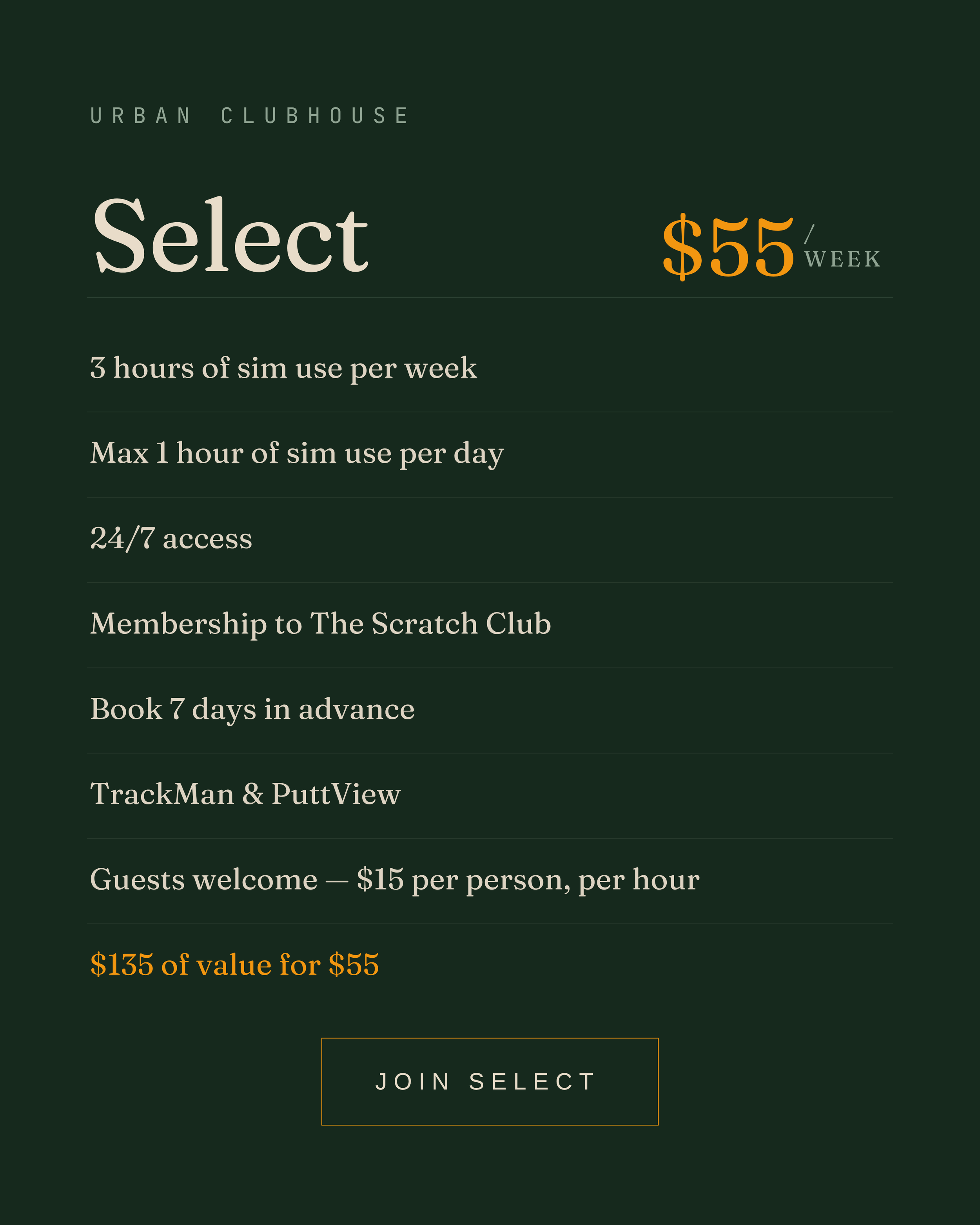 Select
$55
/ WEEK
3 hours of sim use per week
Max 1 hour of sim use per day
24/7 access
Membership to The Scratch Club
Book 7 days in advance
TrackMan & PuttView
Guests welcome — $15 per person, per hour
$135 of value for $55