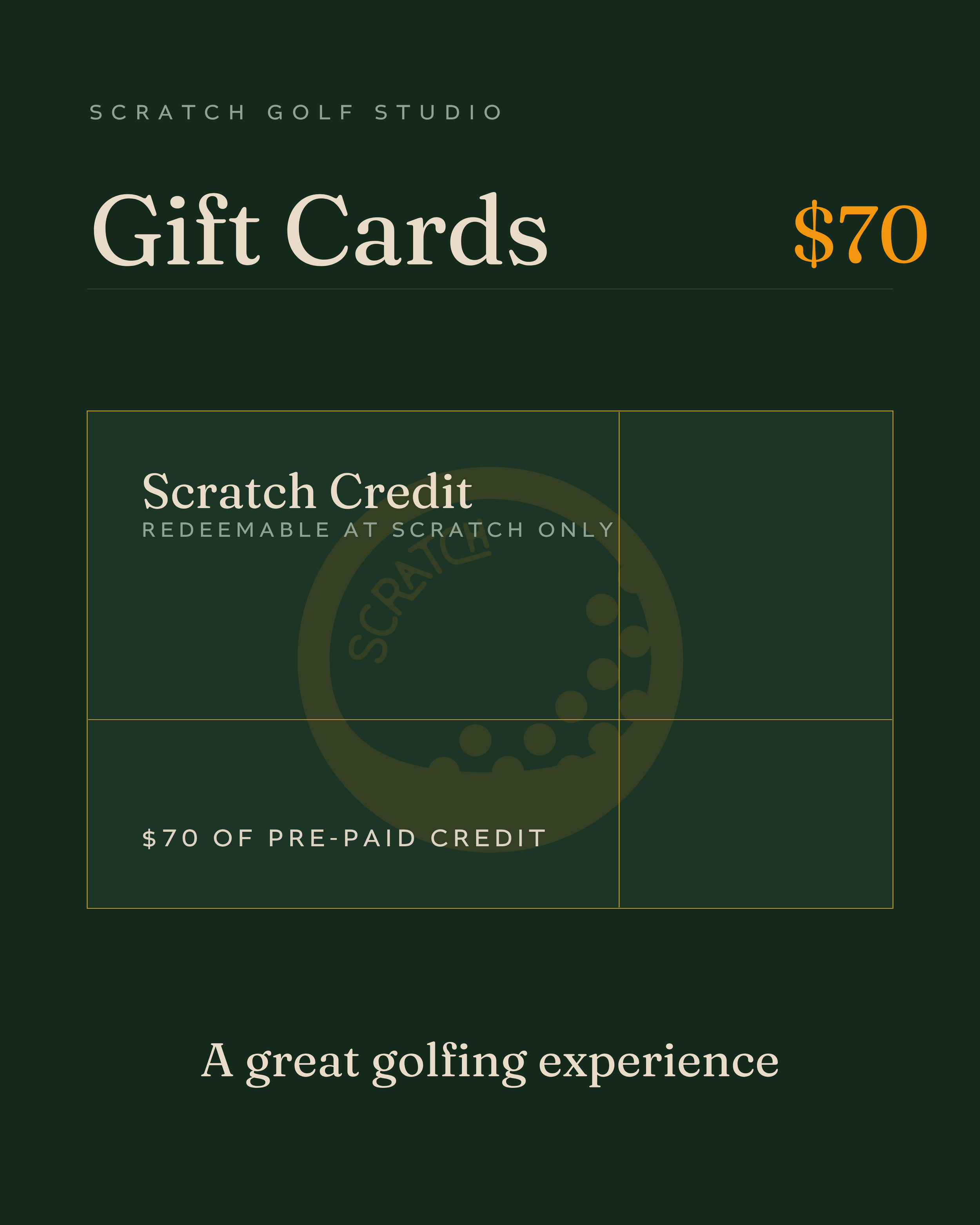 Scratch Golf gift card for $70 of prepaid credit to use in store or at the bar on drinks and merchandise a great golfing experience 