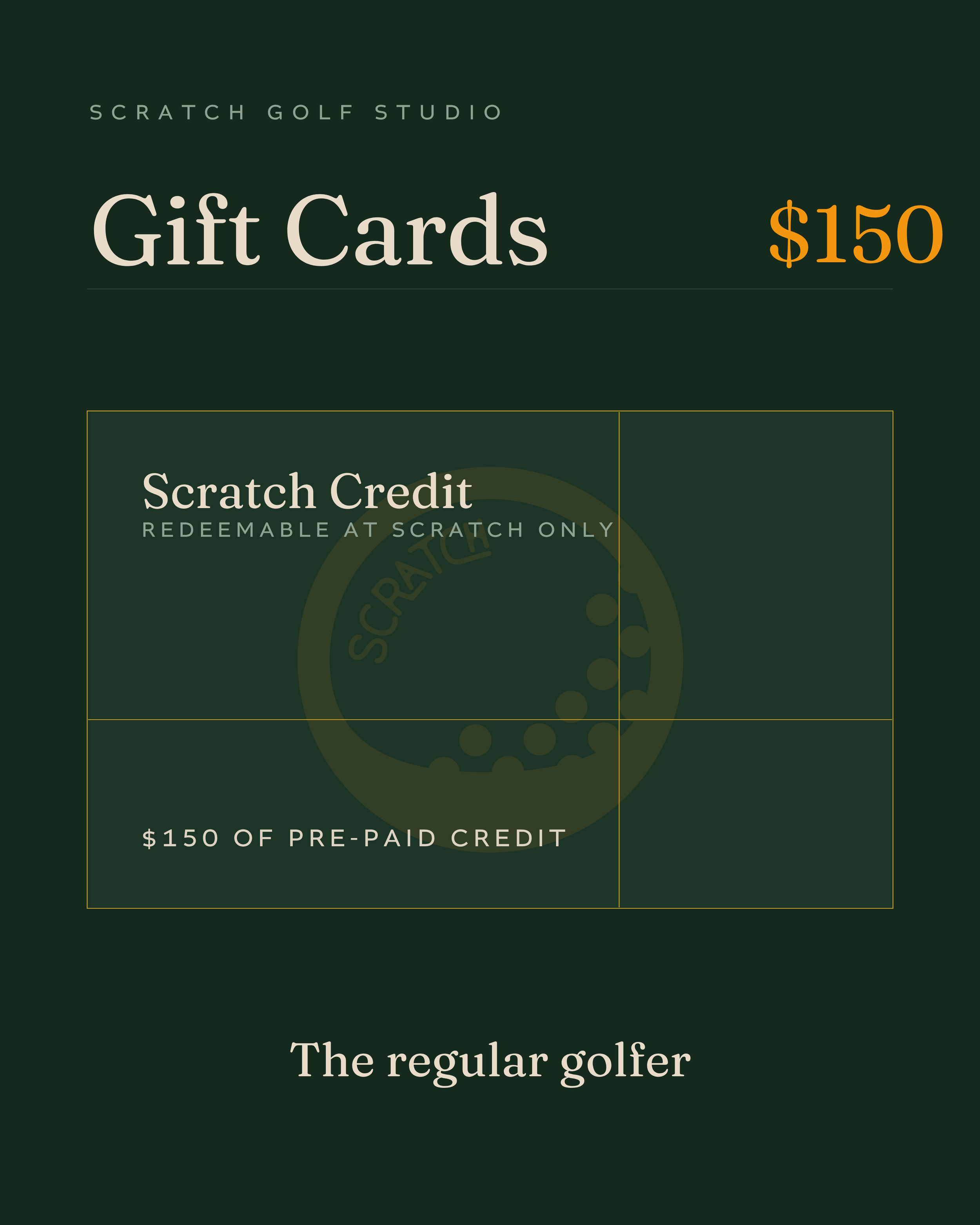 Scratch Golf gift card for $150 of prepaid credit to use in store or at the bar on drinks and merchandise a great for the regular golfer 