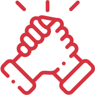 Two hands clasped in a handshake icon, red outline