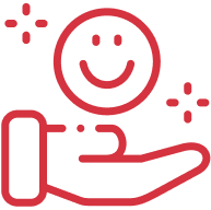 Red line drawing of a hand holding a smiling face with sparkles