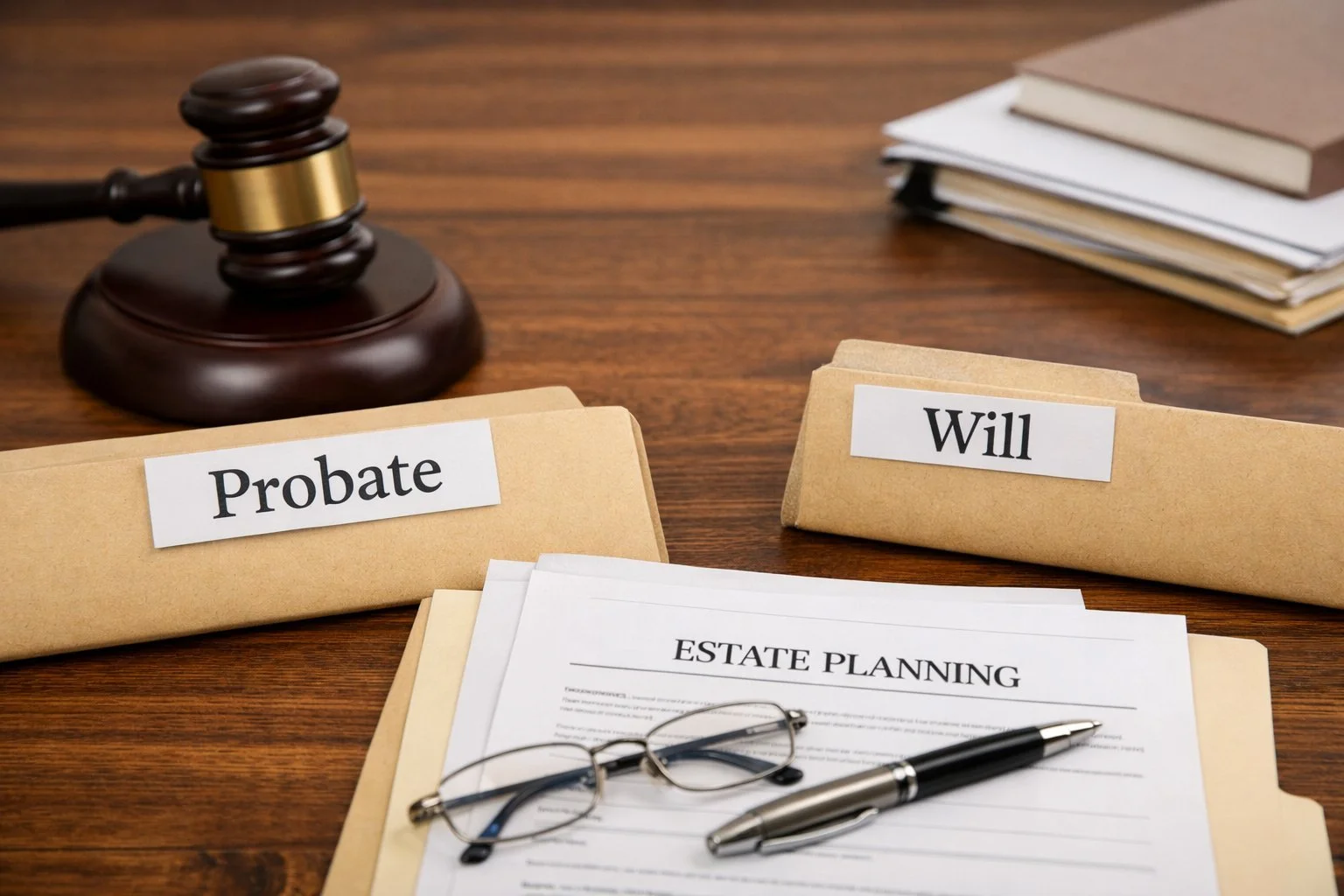 Legal documents and folders labeled 'Probate' and 'Will' on a wooden desk, with an estate planning document, glasses, and pen, and a judge's gavel in the background.