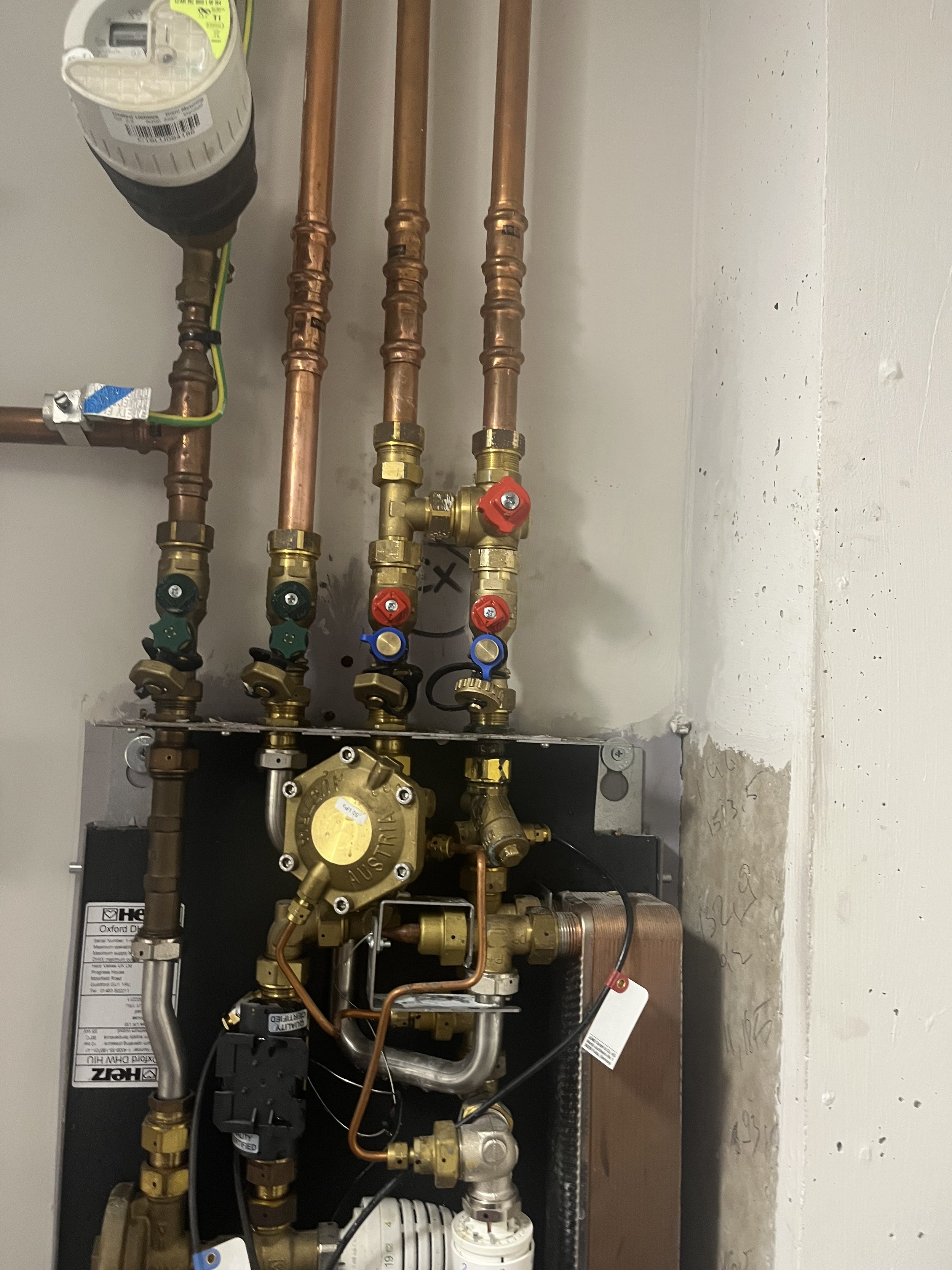 Herz Oxford DHW HIU with new primary flushing bypass and ball valve fitted, repair complete, Manchester