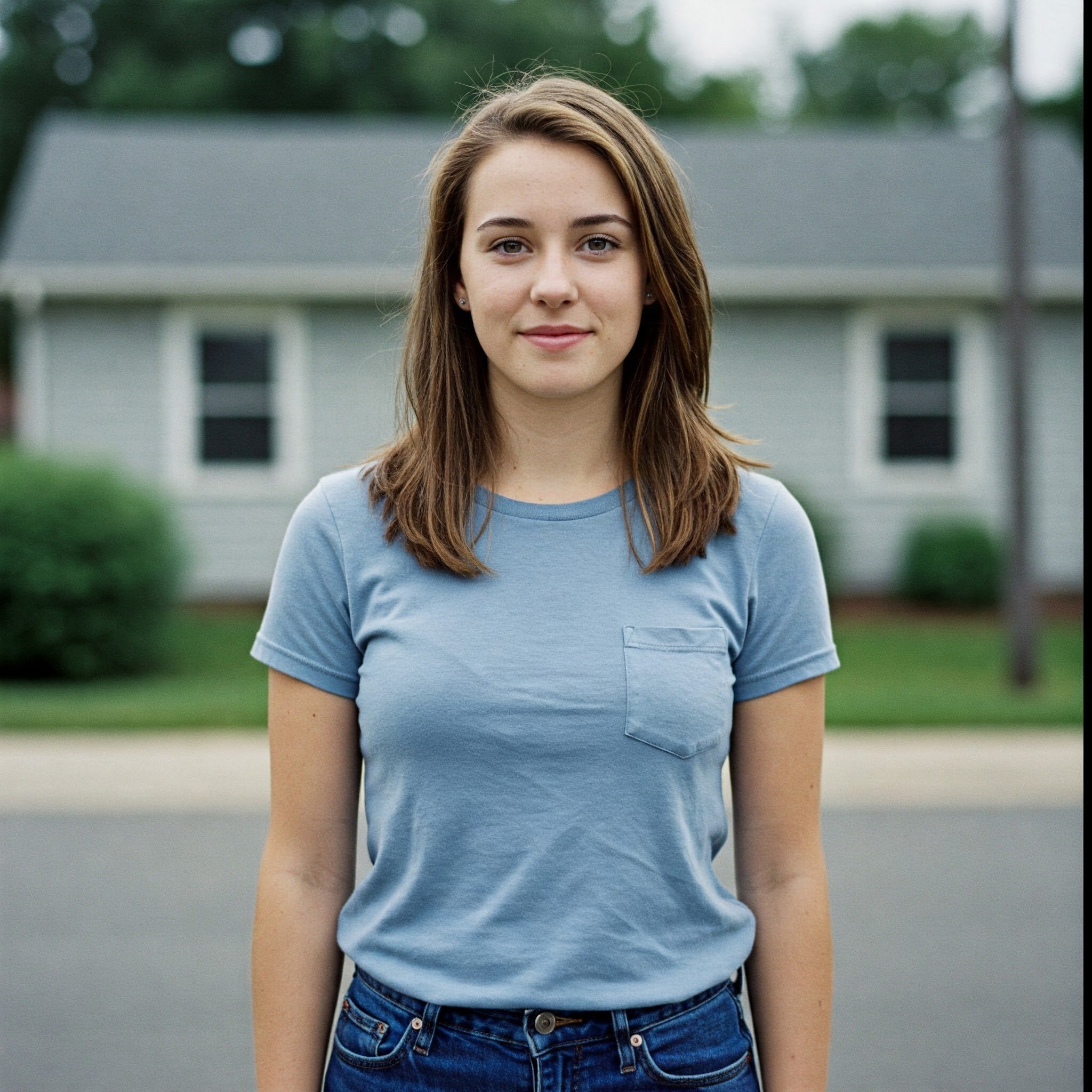 Young woman in blue t-shirt and jeans standing outdoors in front of a house.