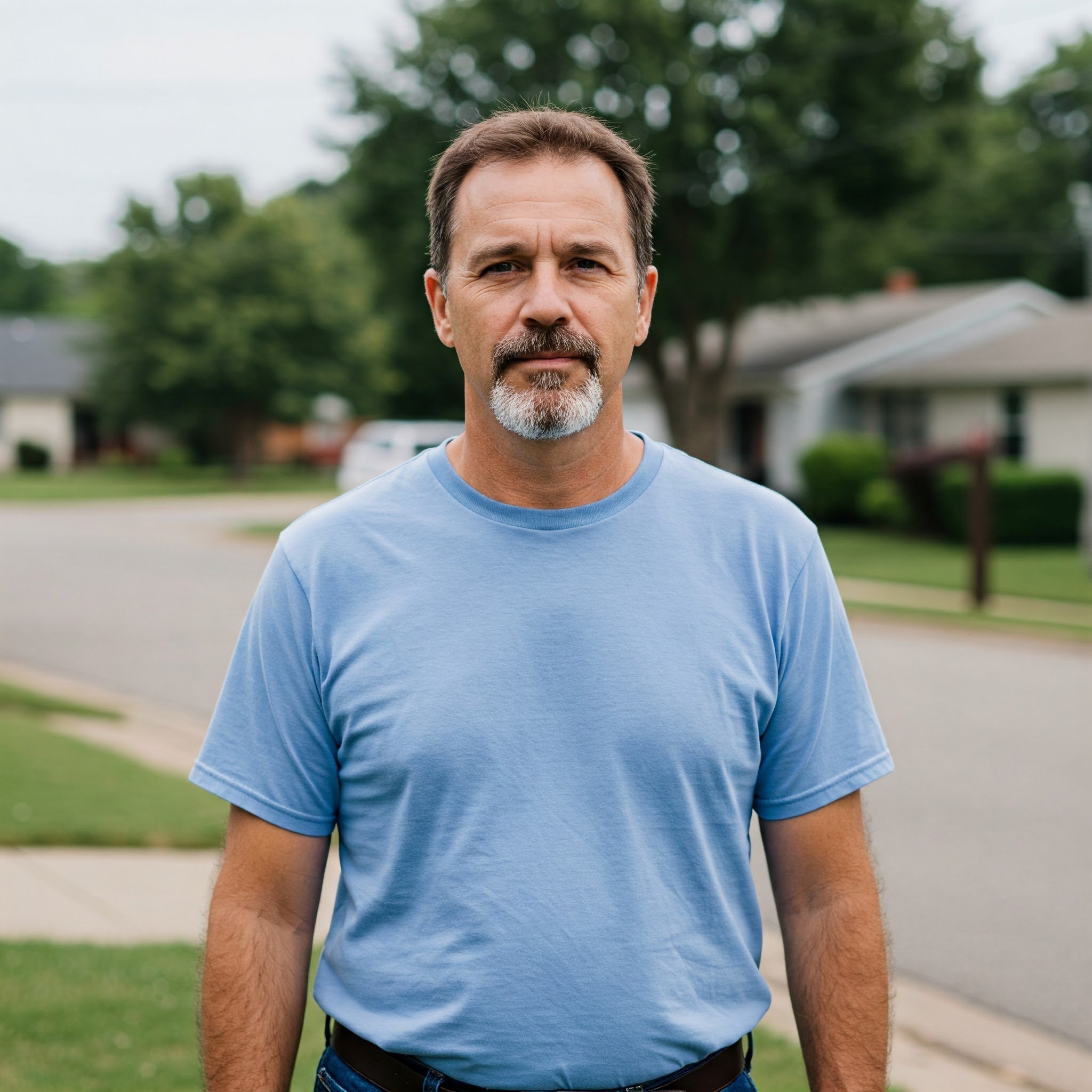 Man wearing a light blue T-shirt standing outdoors on a suburban street with houses and trees in the background.