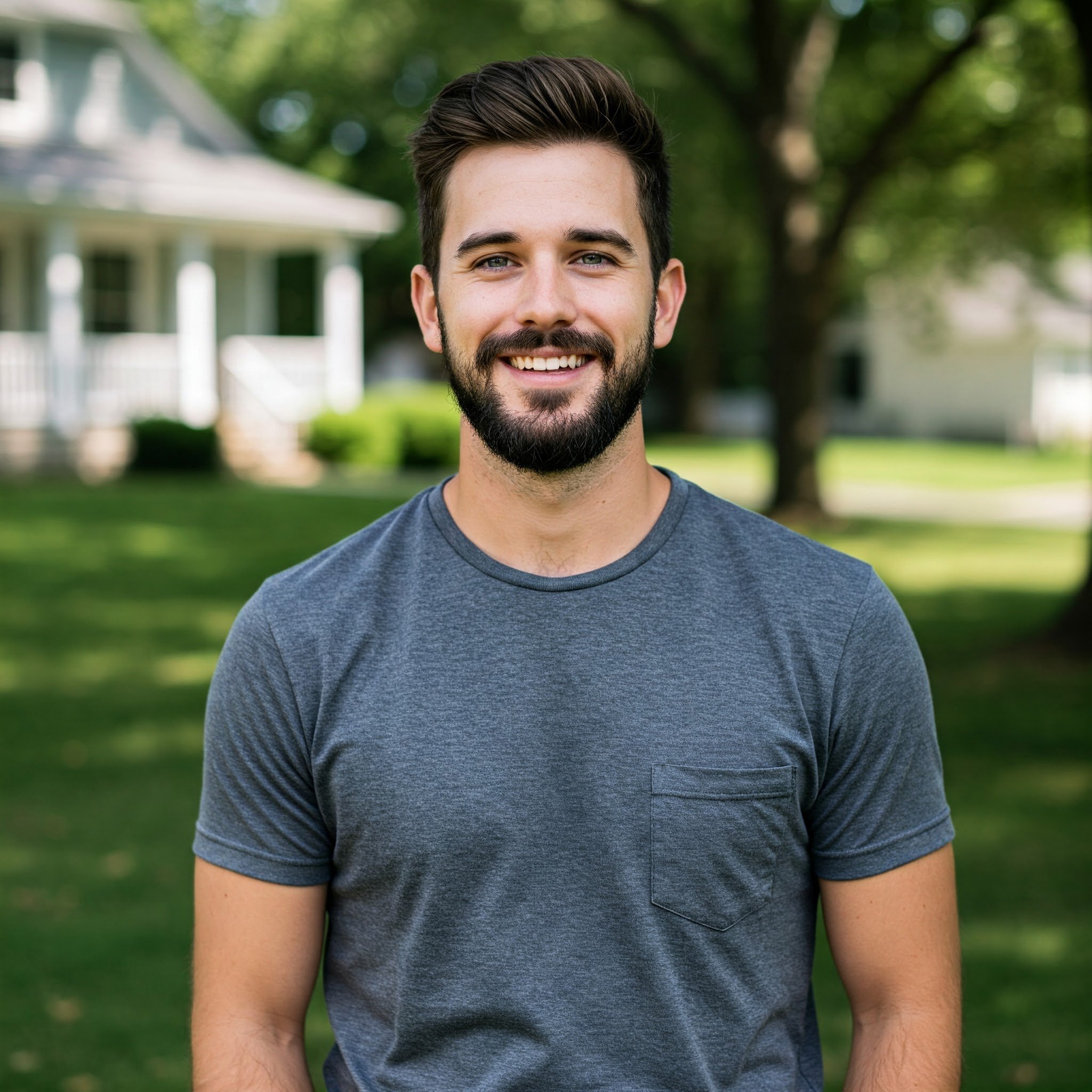 Smiling man with beard and gray t-shirt standing outdoors with trees and a house in the background.
