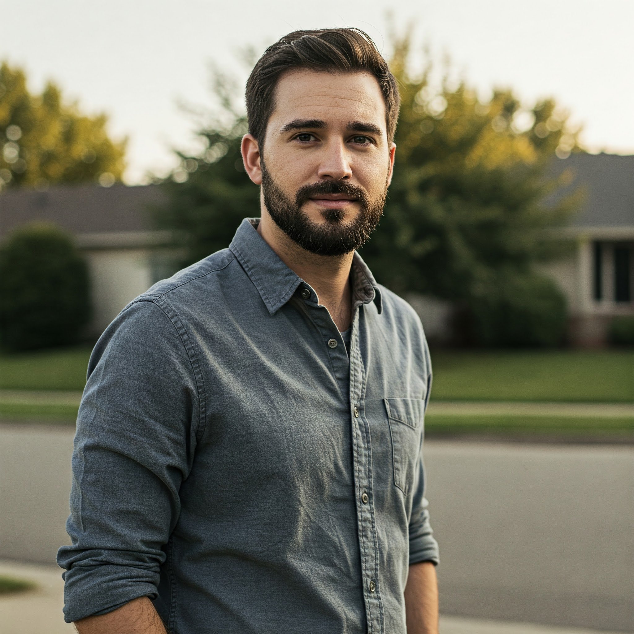 Man with a beard in a denim shirt standing outdoors with trees in the background