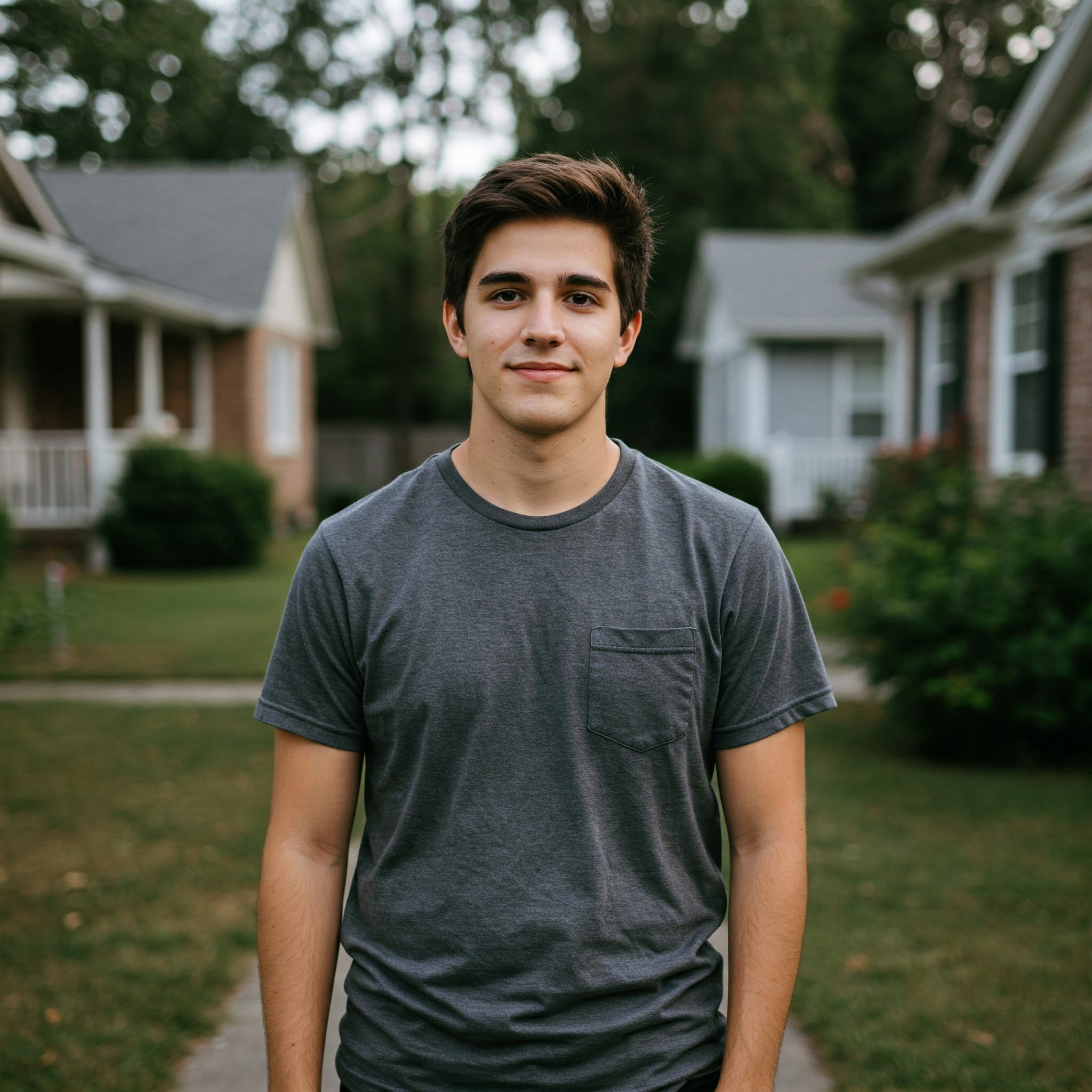 Young man in gray t-shirt standing outside with houses in the background.